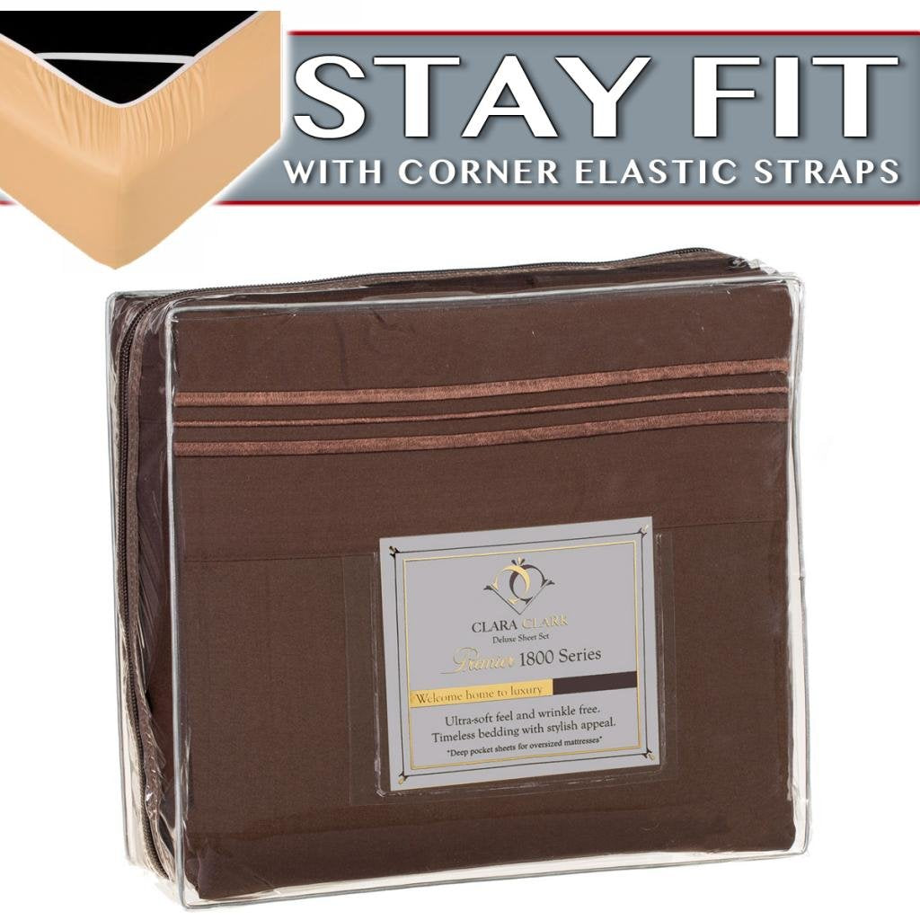 Clara Clark 1800 Series Bed Sheet Sets - Stay Fit On Mattress With Elastic Straps At Corners - Cal King Size, Chocolate Brown